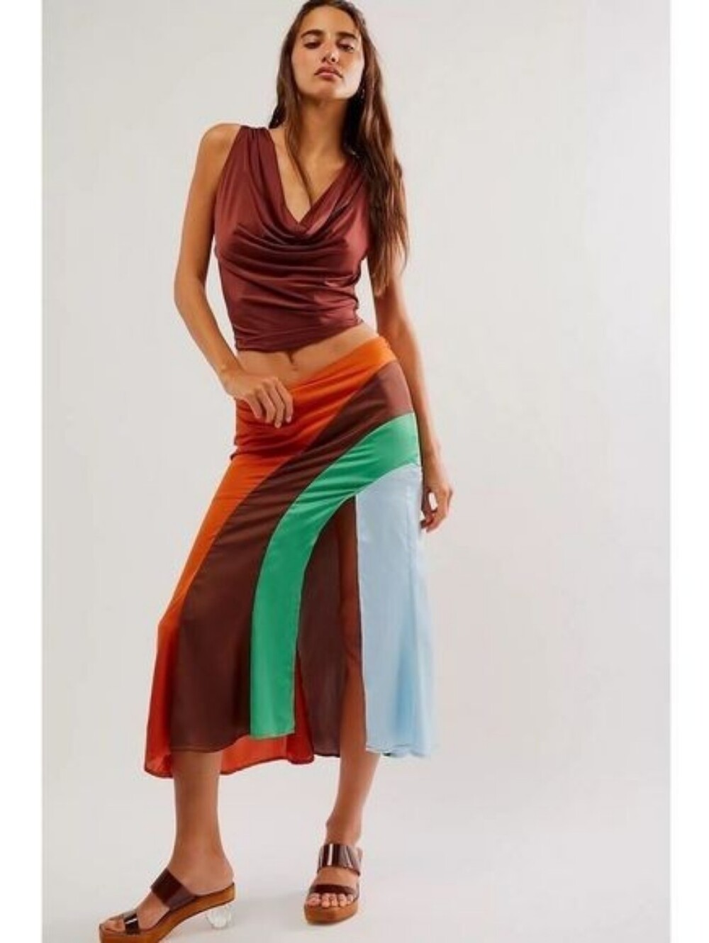 Free People Jojo Crafty Satin Midi Skirt In Umber Earth Combo Size 14